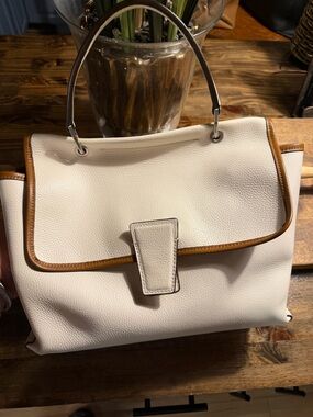 Structured Cream Satchel with Tan Trim - Top-Handle Women's Bag